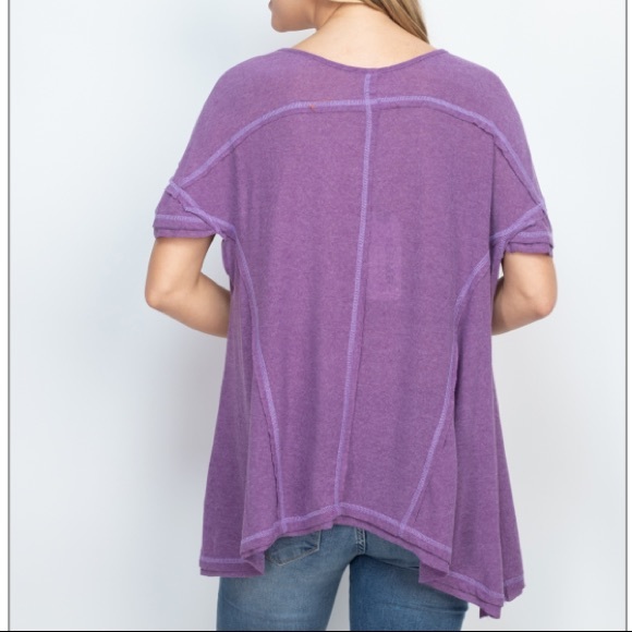 Lilac purple inside-out seam curved hem loose top. - Picture 2 of 16